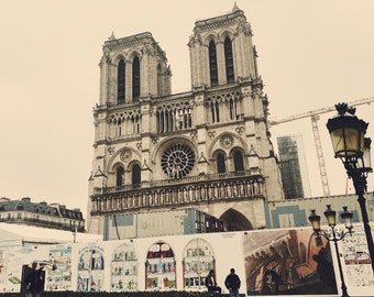 May include: A view of the Notre Dame Cathedral in Paris, France. The cathedral is under construction and is surrounded by scaffolding. There are several signs with illustrations on them.