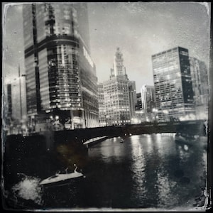 Tintype, Daguerreotype style, Fine Art Print, Street Photography, Chicago River, Architecture Photography