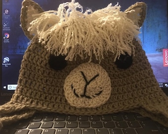 May include: A brown crocheted llama hat with white yarn for the fur and black yarn for the eyes and nose.