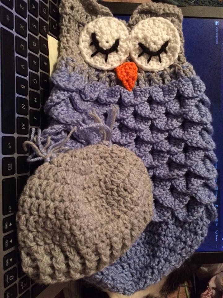 Owl Cocoon and matching beanie - Baby Photo Prop - Handmade Crocheted Swaddle Cocoon and hat - Newbo