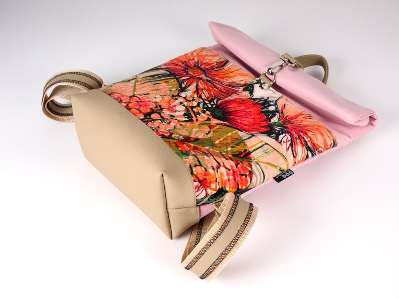 Notebook backpack, Spring flowers, iPad backpack, Roll backpack, Fashion backpack, Vegan leather, Waterproof fabric image 5