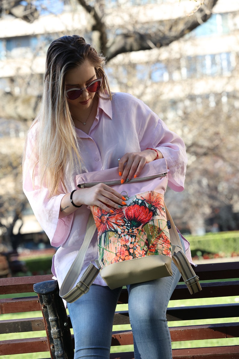 Notebook backpack, Spring flowers, iPad backpack, Roll backpack, Fashion backpack, Vegan leather, Waterproof fabric image 8