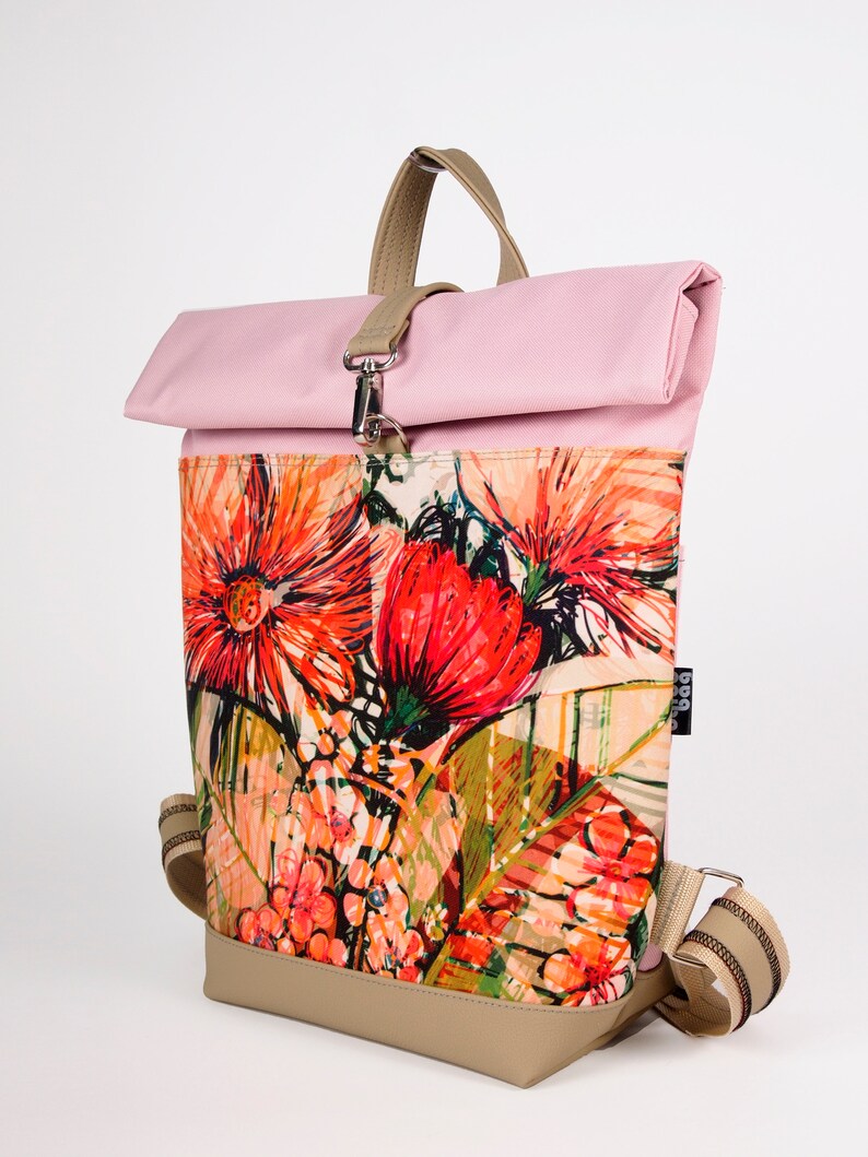 Notebook backpack, Spring flowers, iPad backpack, Roll backpack, Fashion backpack, Vegan leather, Waterproof fabric image 3