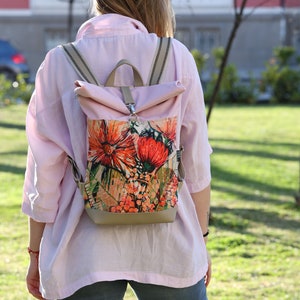 Notebook backpack, Spring flowers, iPad backpack, Roll backpack, Fashion backpack, Vegan leather, Waterproof fabric image 1
