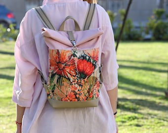 Notebook backpack, Spring flowers, iPad backpack, Roll backpack, Fashion backpack, Vegan leather, Waterproof fabric