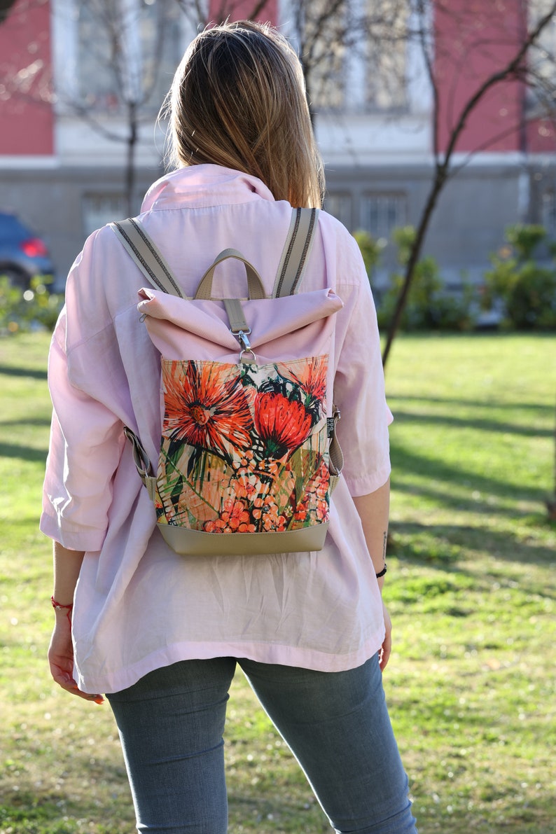 Notebook backpack, Spring flowers, iPad backpack, Roll backpack, Fashion backpack, Vegan leather, Waterproof fabric image 1