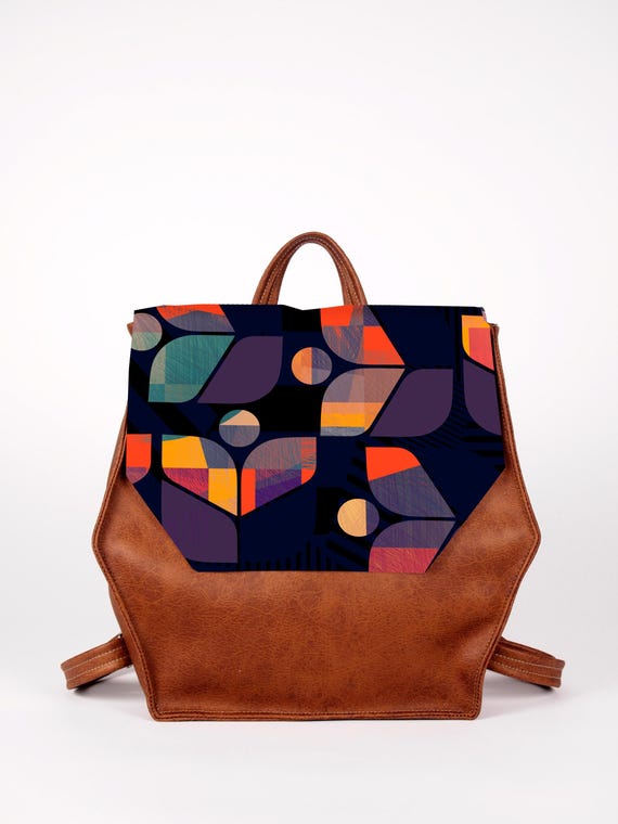 Vegan Leather Backpack, Geometric Floral Design, Boho Bag - Etsy