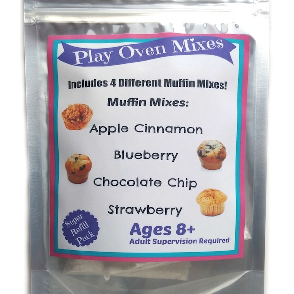 4 Muffin Mixes Children's Easy to Bake Play Toy Oven Real Mega Refill Kit Blueberry Strawberry Chocolate Chip Apple Ultimate Set Baking Pack