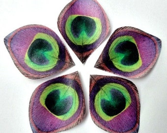 12 PURPLE GREEN Decorative Wafer Paper Peacock Feathers © Pre Cut LARGE 2.5" Size Decorations Toppers Cupcakes Cookies Wedding Dessert