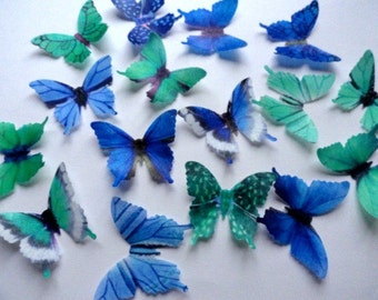 24 Small GREEN BLUE Assorted Set of Edible Wafer Paper Butterflies 1.75" Pre Cut Decorations Toppers Macaron Cookies By Everything's Edible