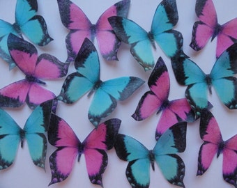 12 LARGE Teal & Pink Edible Butterflies Pre Cut Decorations Cakes Cookies Pops Garnish Wine Glasses Plates Dessert Tables