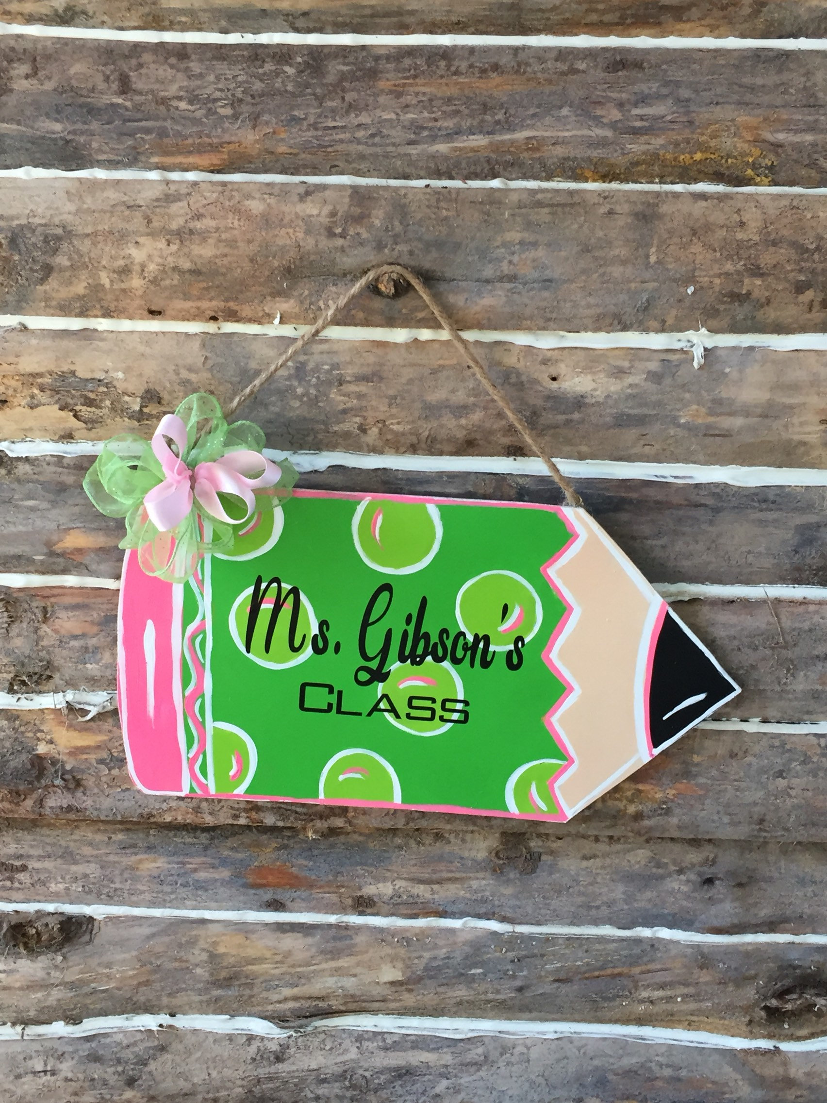 Wood green polka dot teacher name sign pencil door hanger Etsy