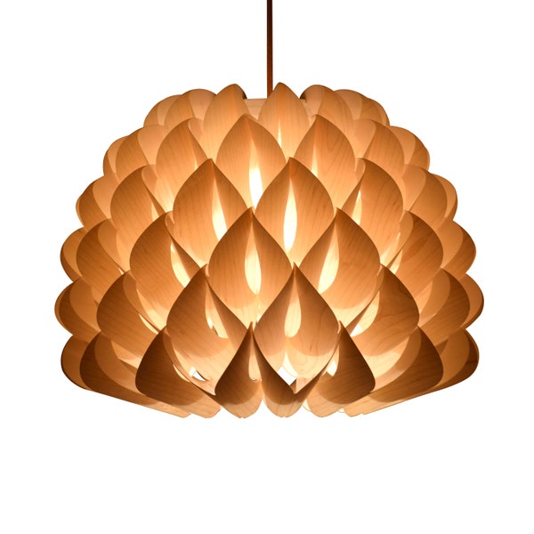 Lustre de bordo com pingente em formato de dália - Iluminação - Luminária pendente de madeira - Luminária de teto - Abajur suspenso - Iluminação rústica