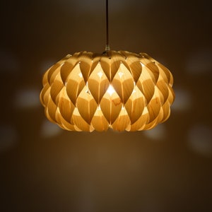 May include: A wooden pendant light fixture with a unique, geometric design. The light is made up of many small, overlapping pieces of wood that create a honeycomb-like pattern. The light is illuminated, casting a warm glow.