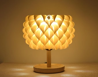 Dahlia Table Lamp,Wooden Desk lamp,Bedroom Decor Lamp,Natural Wood Lamp,Maple Veneer Shade,Chinese Ash Wooden Base
