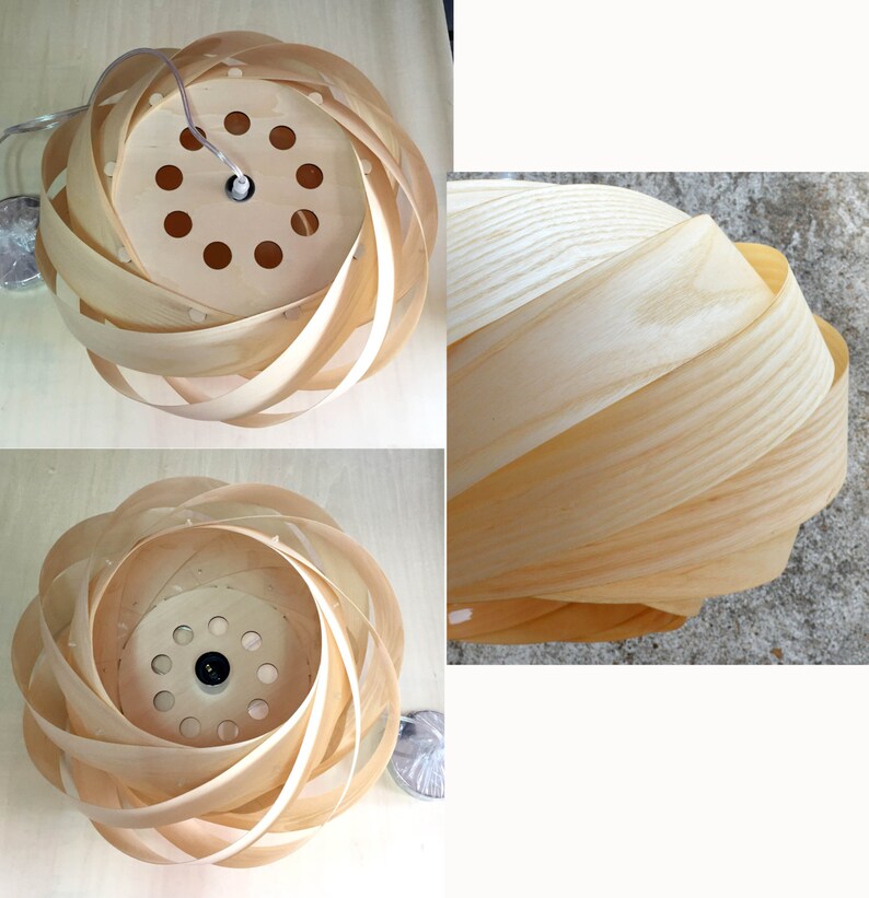 May include: A natural wood pendant light fixture with a unique spiral design. The light fixture is made of thin strips of wood that are woven together to create a circular shape. The light fixture has a modern and minimalist design.