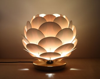 Round Pine Cone Table Lamp,Wood Desk lamp,Acorn Light,Artichoke Light,Bedroom Lamp,Hop Light,Plywood Shade with Chinese Ash Wooden Base