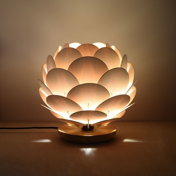 Round Pine Cone Table Lamp,Wood Desk lamp,Acorn Light,Artichoke Light,Bedroom Lamp,Hop Light,Plywood Shade with Chinese Ash Wooden Base