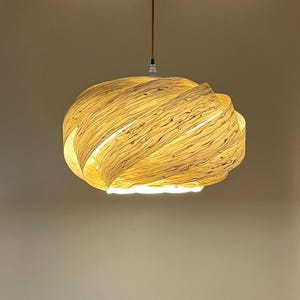 May include: A hanging pendant light fixture with a unique, textured design. The light has a spherical shape, made of a light-colored, woven material. The fixture is suspended from a brown cord and emits a warm, inviting glow.