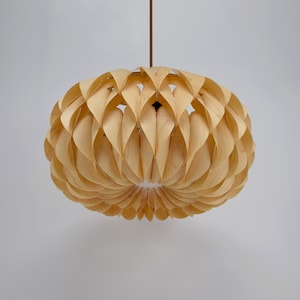 May include: A light wood pendant lamp with a unique, organic design. The lampshade is made of thin, curved pieces of wood that create a flower-like shape.