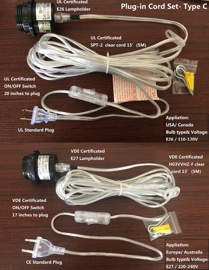 May include: A set of two clear electrical cords with on/off switches and plugs. The cords are 15 inches long and come with E26 and E27 lampholders. The cords are UL and VDE certified. The set includes a US plug and a European plug.