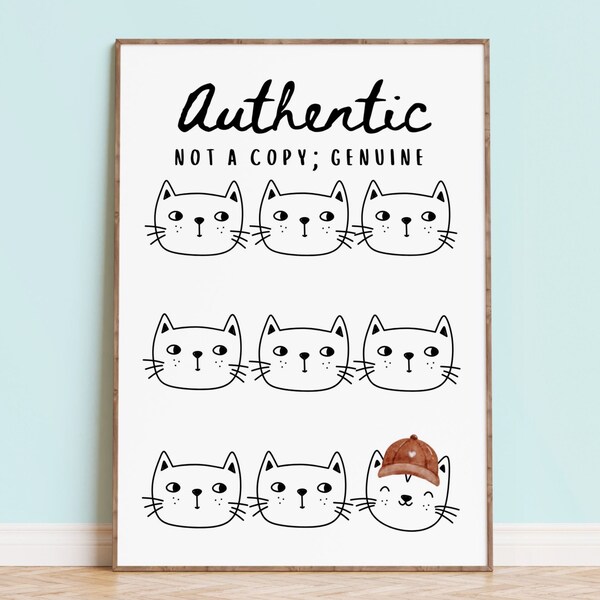 Authentic Definition Poster, Cat in Baseball Cap, Mindfulness Print, Minimalist Room Decor for Kids/Teens, Playroom Decor, Animal Wall Art