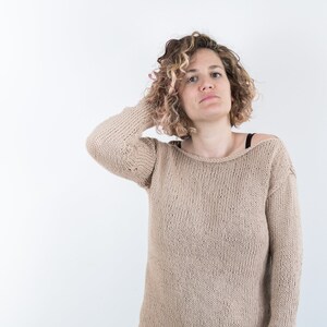 knitted chunky cotton sweater, loose fit hand knit sweater for women for summer with boat neck image 2