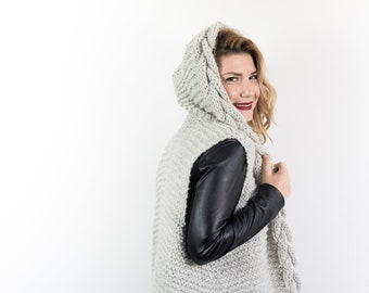 oversized chunky knit cardigan, open front slouchy long cardigan sweater for women in gray