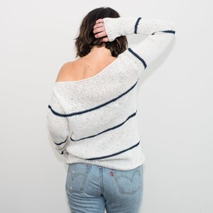 Cotton spring knit sweater oversized and striped for women, slouchy sweater with long sleeves and boat neckline, minimal and casual style image 4