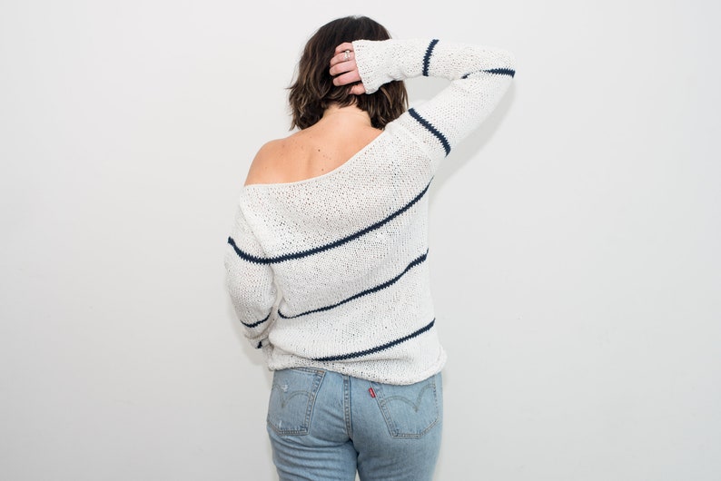Cotton spring knit sweater oversized and striped for women, slouchy sweater with long sleeves and boat neckline, minimal and casual style image 4