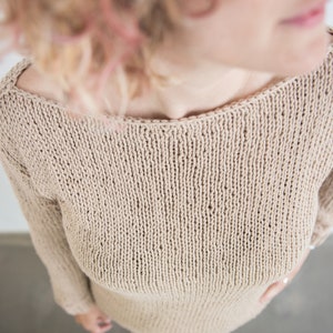 knitted chunky cotton sweater, loose fit hand knit sweater for women for summer with boat neck image 9