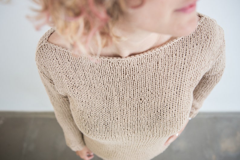 knitted chunky cotton sweater, loose fit hand knit sweater for women for summer with boat neck image 9