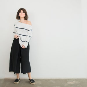 Cotton spring knit sweater oversized and striped for women, slouchy sweater with long sleeves and boat neckline, minimal and casual style image 6