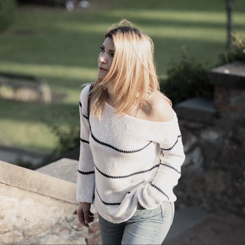 Cotton spring knit sweater oversized and striped for women, slouchy sweater with long sleeves and boat neckline, minimal and casual style image 9