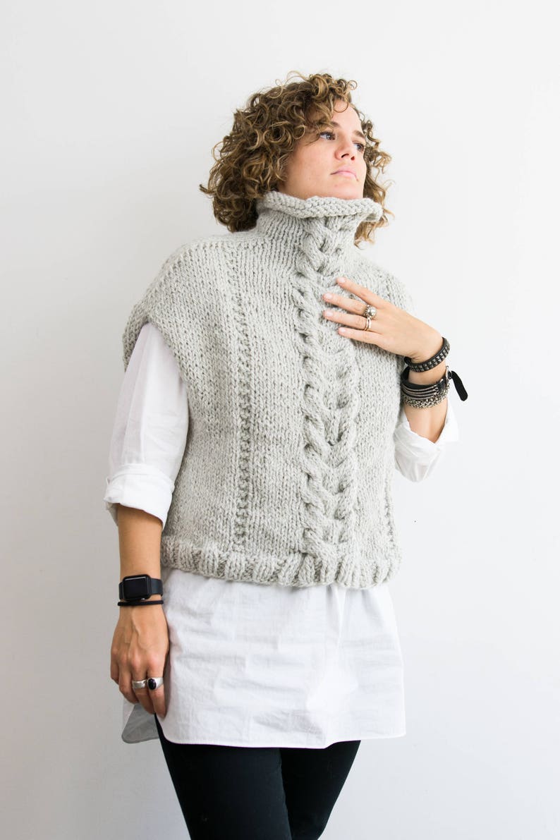 Knitted poncho sweater, cable shawl for winter, cozy chunky knitted clothes, loose fit minimalist oversized sleeveless cowl sweater image 2