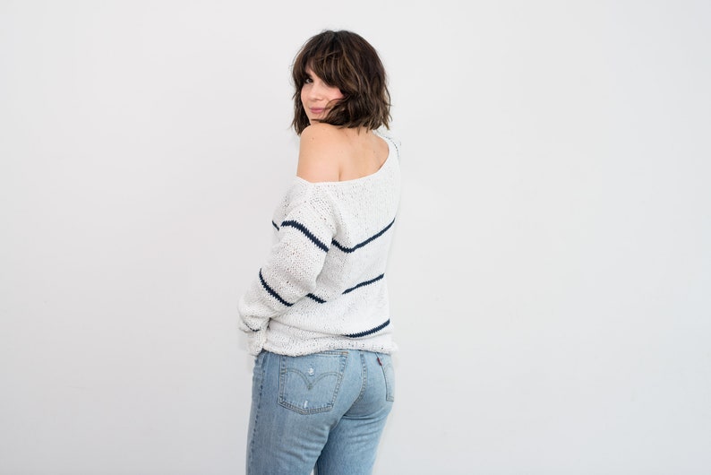 Cotton spring knit sweater oversized and striped for women, slouchy sweater with long sleeves and boat neckline, minimal and casual style image 2