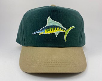 Swordfish Fishing Hat Retro 2-Tone Green Khaki Trucker Hat Snapback Cap Vintage Fish Patch 80s 90s