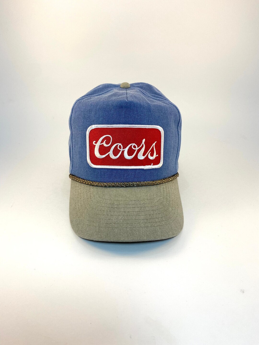 Coors Beer Hat Vintage Retro 2tone Stonewashed Sky Blue Khaki Trucker Rope Hat Snapback Cap