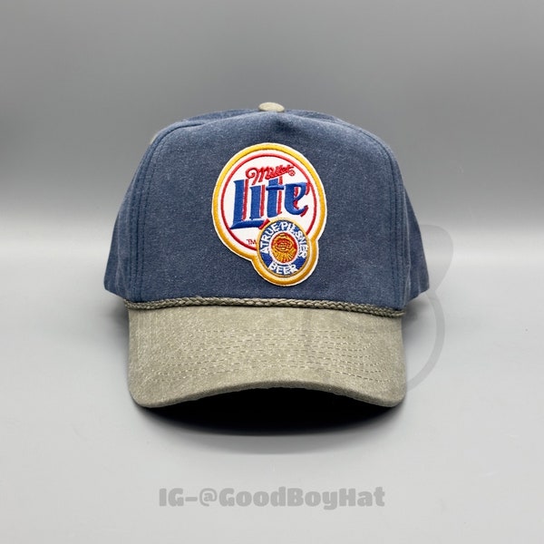 Miller Lite Hat Vintage Retro 2-Tone Khaki Navy Trucker Rope Hat Snapback Cap Classic 80s 90s Miller Beer Hat