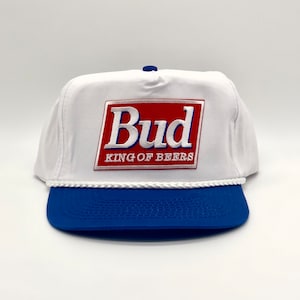 Bud King of Beers Hat Vintage Retro Budweiser 2-Tone Blue/White Trucker Snapback Cap Classic 80s 90s Beer
