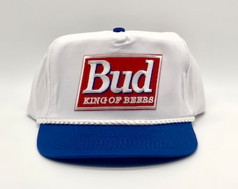 Bud King of Beers, chapeau vintage rétro Budweiser, casquette trucker snapback 2 tons bleu/blanc, bière classique des années 80 et 90