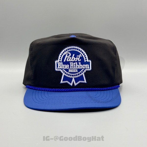 PBR Pabst Blue Ribbon Beer Hat Vintage Retro Black / Royal Blue Trucker Rope Adjustable Strap Cap Classic 80s 90s