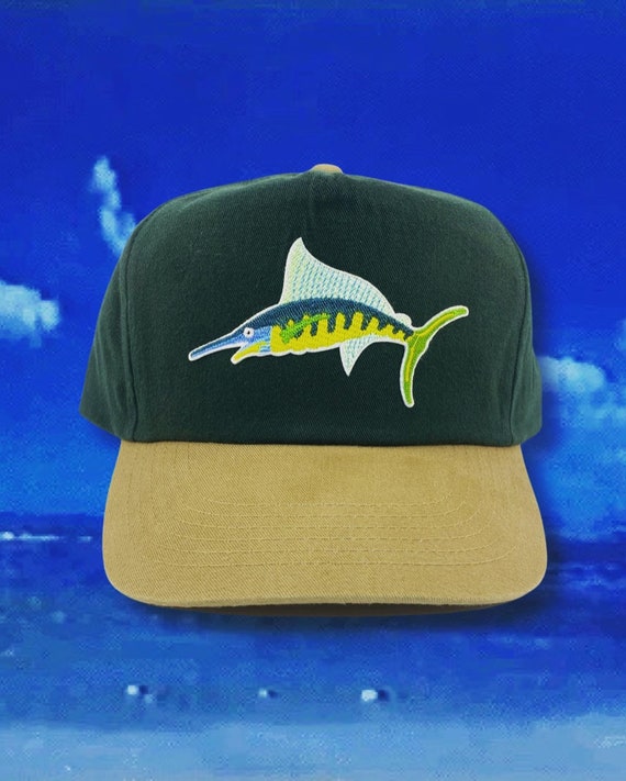 Swordfish Fishing Hat Retro 2-Tone Green Khaki Trucker Hat Snapback Cap Vintage Fish Patch 80s 90s