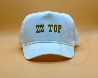 ZZ Top Hat Vintage Retro White Gold Trucker Rope Hat Snapback Cap Classic Texas 80s 90s Rock Country Western