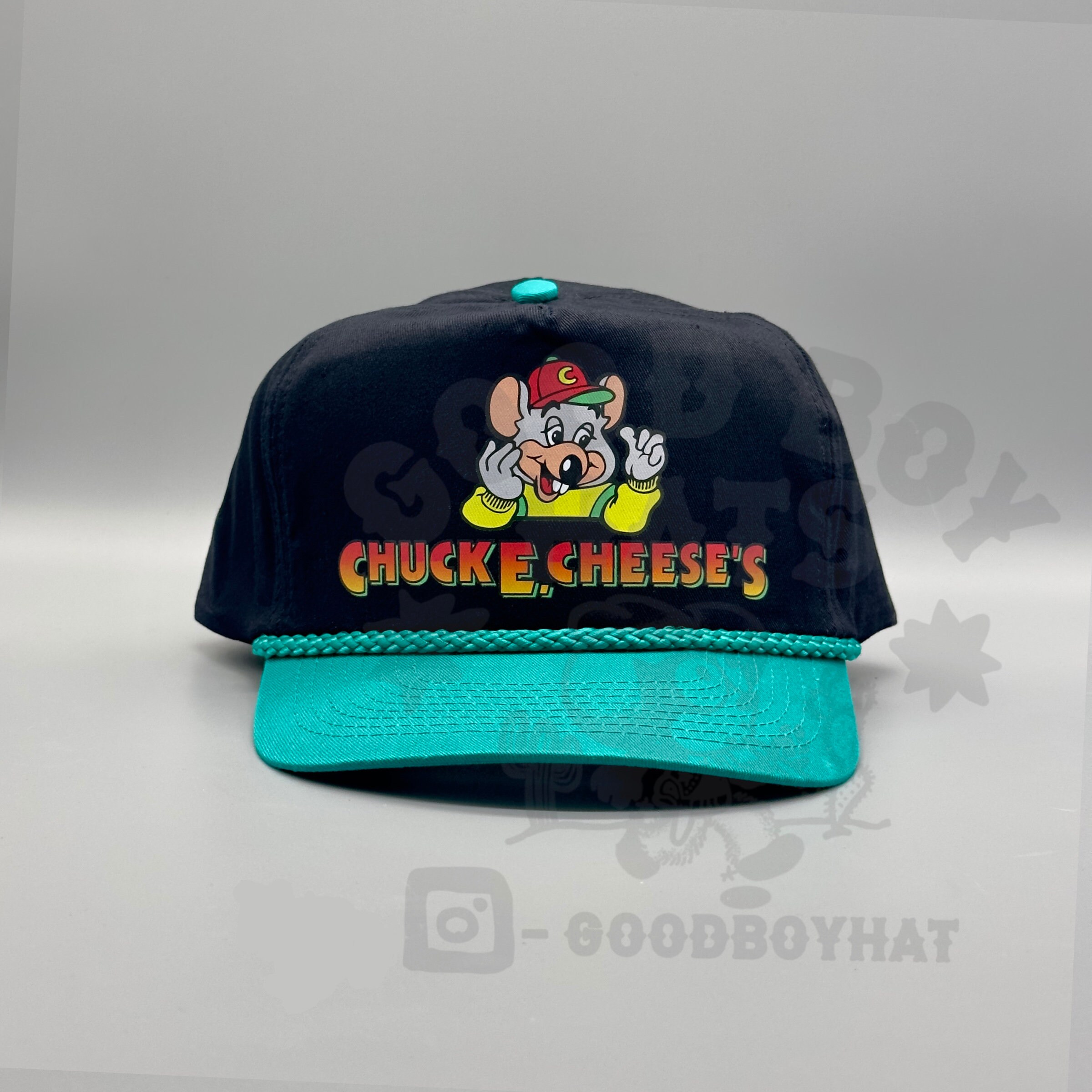 Chuck E Cheese Pizza Hat Vintage Retro 2-tone Teal / Black Chuck E Cheese Pizza Hat Vintage Retro 2-tone Teal / Black