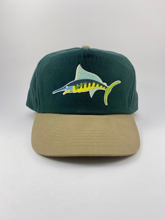 Swordfish Fishing Hat Retro 2-tone Green Khaki Trucker Hat Snapback Cap  Vintage Fish Patch 80s 90s 