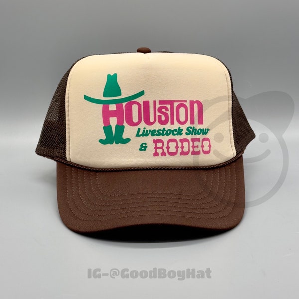 Houston Livestock Show & Rodeo Hat Vintage Retro Brown / Tan Mesh Trucker Rope Hat Snapback Cap Classic 80s 90s Cowboy Western Wear