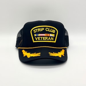 Strip Club Veteran Hat Vintage Retro 2-Tone Black Gold Scrambled Eggs Trucker Rope Snapback Cap Classic 80s 90s Funny