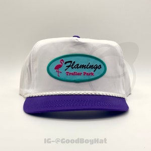Vintage Retro Flamingo Trailer Park Hat 2-Tone Purple/White Trucker Rope Hat Snapback Cap Classic 80s 90s Party