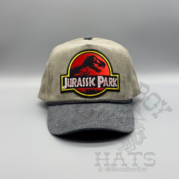Jurassic Park Hat Vintage Retro Washed 2-Tone Grey / Khaki Trucker Rope Snapback Cap Classic 90s Dinosaur